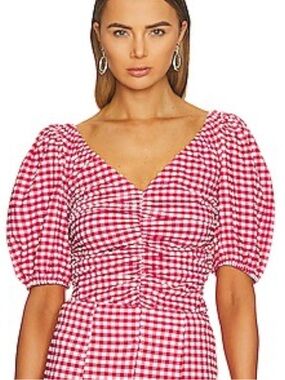 Ganni Love Potion Pink Seersucker Ruched v-neck Puff Sleeve Blouse Top Large/40